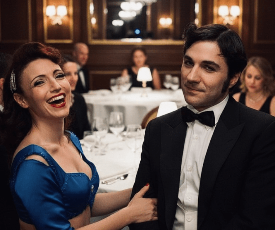 Ritratto di attore in abito da detective anni '30 con artista di burlesque per lo spettacolo itinerante Cena con Delitto a Roma